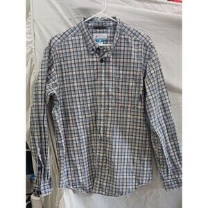 Columbia Men’s Button Up Shirt Large Brown Blue Plaid Long Sleeve
